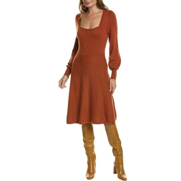 Boden Terra Cotta Wool Blend Dress 8 Square Neck Full Sleeves A-Line Midi - Picture 1 of 13